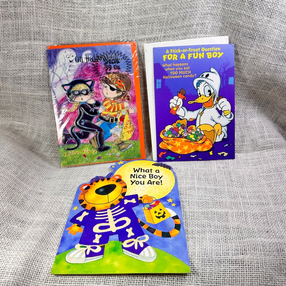 Vintage Hallmark Halloween Cards Lot Donald Duck Skeleton Tiger Children 3 Count